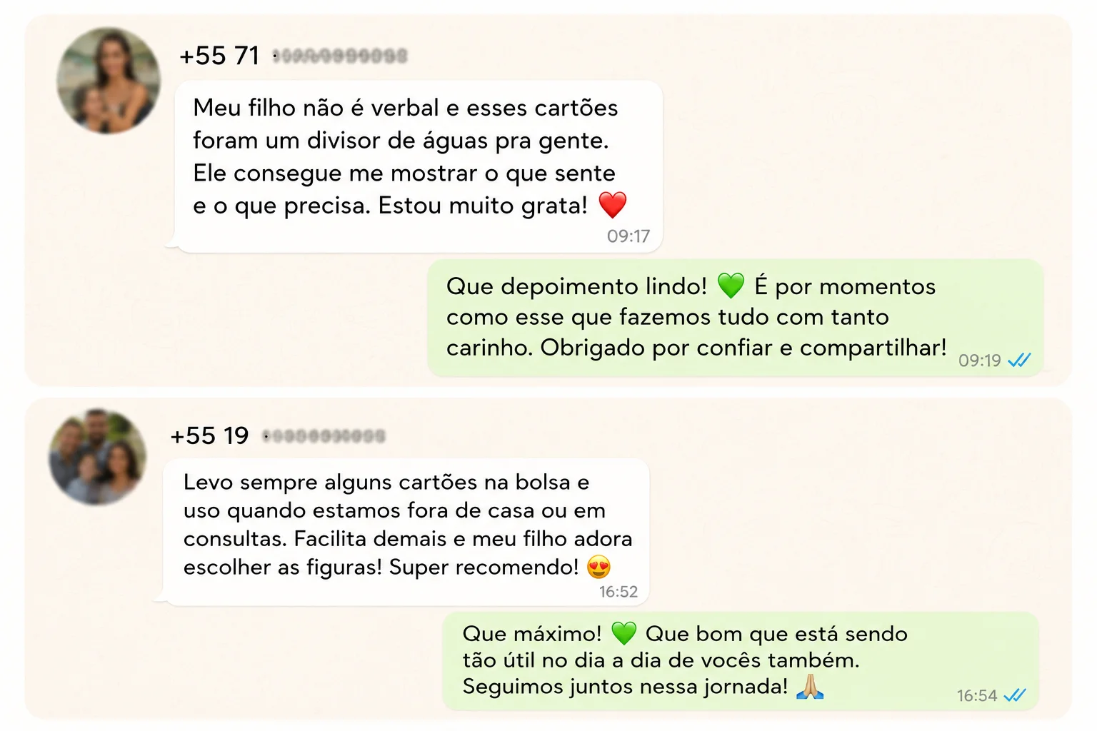Depoimento de família sobre melhora na comunicação e rotina com os cartões visuais.